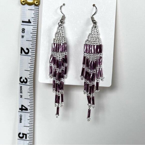 Southwestern Boho Beaded Handmade Tassel Fringe Purple Earrings - Picture 3 of 3